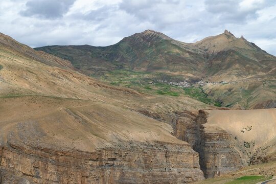 Mountains of the Chicham village in Spiti valley, India during the daytime