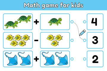 Math educational game for kids. Addition and subtraction. Count and choose the correct answer. Vector illustration of cartoon sea animals.