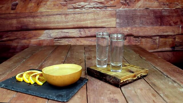 zoom in shot of mezcal and tequila. traditional mexican drinks