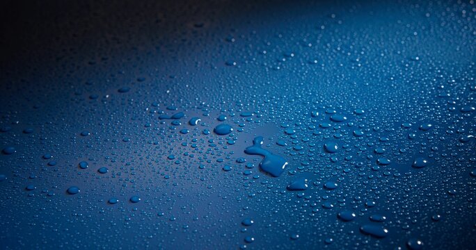 Closeup shot of waterdrops on a blue surface