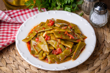Traditional delicious Turkish food; Green beans with olive oil; Turkish name; Zeytinyagli taze fasulye