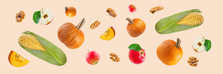 Autumn pumpkin, corn, apples, walnuts orange background