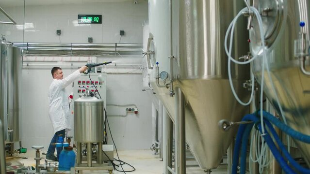 Craft beer production, general cleaning on factory, brewery manufacture. Washing metal vats bottles. Brewing, cooking alcohol.
