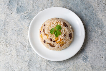 Traditional delicious Turkish food; rice pilaf with pine nuts and currants (Turkish name; bademli...