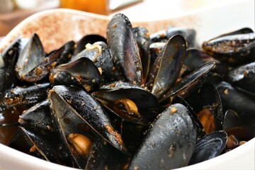 Fresh mussels dish food background