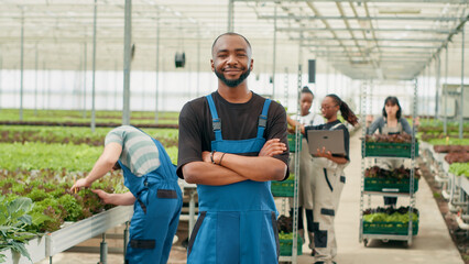 Smiling african american man posing with arms crossed while farm workers using laptop manage deliveries to local store. Portrait of farmer standing in modern greenhouse while pickers fill crates.