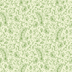 Vintage Vector Floral Seamless pattern. Hand drawn Decorative Leaves with Flower. Ornamental Leaf background