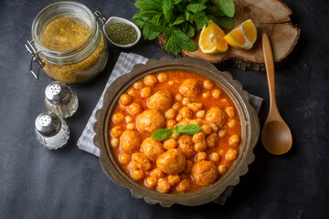Traditional delicious Turkish foods; Bulgur soup (Turkish name; Anali Kizli, icli kofte)