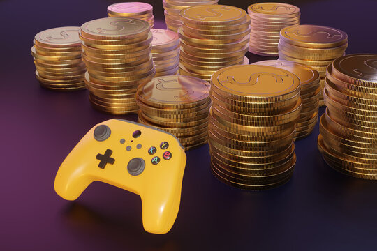 TV Game Console Controller In Front Of Stacks Of Gold Coins. Illustration Of The Concept Of Possibility Of High Income Of Professional Esports Players