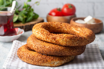 Turkish fast food bagel called Simit. Turkish bagel Simit with sesame. Bagel is traditional Turkish bakery food. Turkish name; simit - gevrek