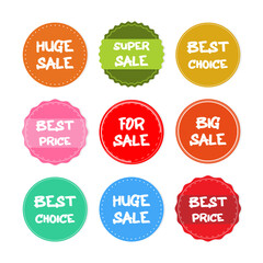 Set of vector icons for sale. Beautiful multi-colored discount stickers. Vector isolated sign.