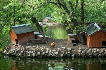 Duck houses in the middle of a lake with a pair of drakes .
