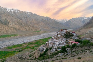 Famous Kee monastery located on top of a hill in Spiti valley, India around a river and mountains