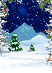christmas night forest bullfinches and mountains wallpaper for design