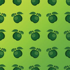 Green apple seamless pattern. Flat green tones apple with leaves repeating on gradient background. Eco fruit design for paper, cover, fabric, gift wrap, wall art, interior decoration.