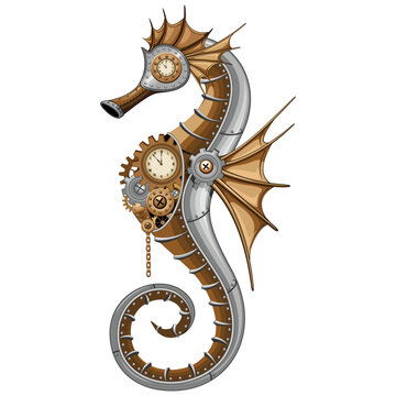 Steampunk Seahorse Vintage Surreal Art Vector Illustration isolated on white