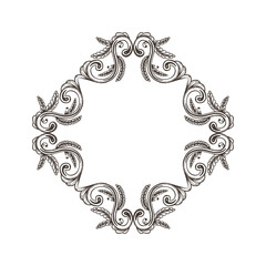 Hand Drawn Vintage damask ornamental elements for design. Baroque square frame scroll ornament. Retro Elegant floral pattern border in antique style.