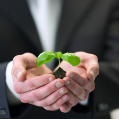 Homem de negócios segurando o broto de uma planta