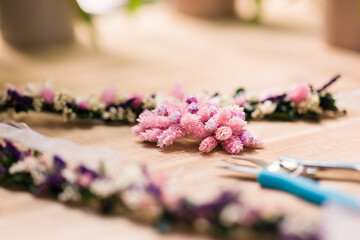 Florist hands detail arrangement flowers decoration. woman owner business plant shop worker