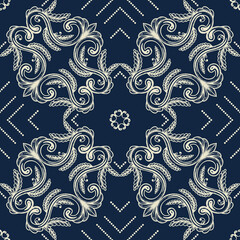 Hand Drawn Vintage damask ornamental elements endless background. Baroque scroll ornament seamless pattern. Elegant abstract floral pattern in antique style. Decorative foliage swirl.