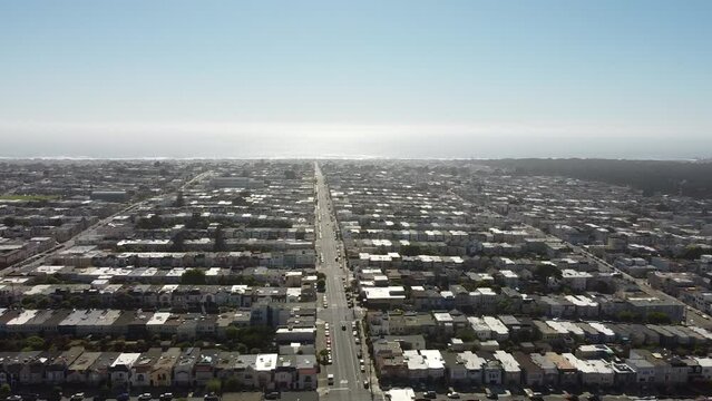 Drone view of South of San Francisco's Outer Sunset District with views of Pacific ocean in the far
