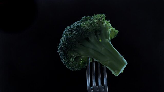 Broccoli impaled on a fork rotates on a dark background.