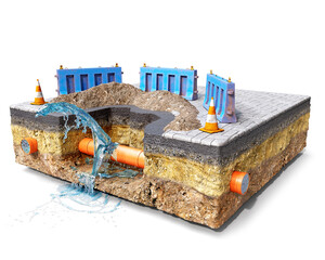 Concept of road works with road barriers and cones, digged hole and soil mound, underground pvc pipes and water breakthrough, water stream beats up and flows down, isolated on a slice of ground,  - obrazy, fototapety, plakaty