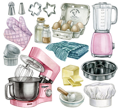 Set Of Baking Tools And Products Isolated On White Background. Hand Drawn Bakery Collection.Watercolor  Illustration For Design Menus, Recipes And Packages Product.