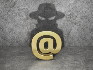 Email sign cast shadow in form of silhouette hacker. 3d illustration