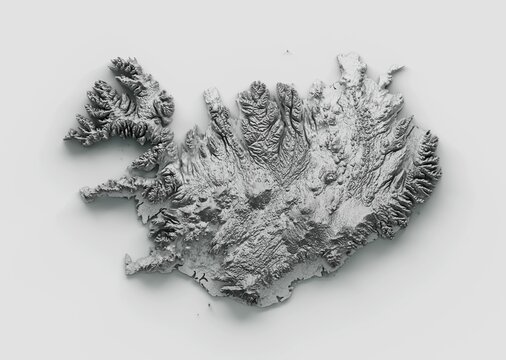 3D rendering of the Iceland Map showing the relief of the country on a grey background