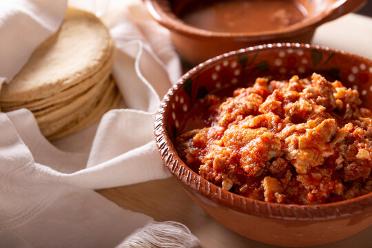 Machaca con Huevo. "shredded with eggs". Shredded dry beef scrambled with eggs. Typical dish from northern Mexico consumed since pre-Hispanic times, it was commonly made with dried deer meat.