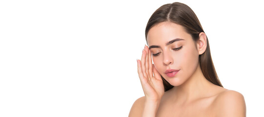 Woman beauty face, close up portrait, isolated banner with copy space. woman touch face. young girl with bare shoulders. lady portrait isolated on white. Beauty woman skin.