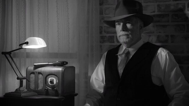In true film Noir style a suspicious looking man wearing a fedora sits at a table holding a pistol and peers cautiously out of a curtained window.