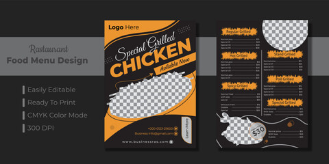 Food menu and restaurant flyer template or bi-fold brochure design.