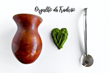 Yerba mate heart on white background and accessories for chimarrao mate tea