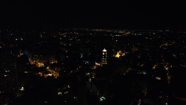 Night drone view of the cityscape of Belgrade, Serbia