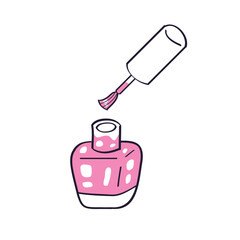 Open pink nail polish bottle and brush isolated vector illustration.