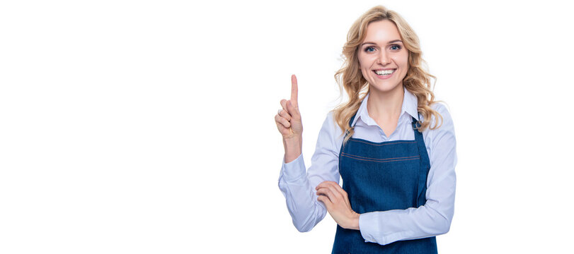 Happy Waiter Woman In Apron Point Finger Isolated On White Background. Woman Isolated Face Portrait, Banner With Mock Up Copy Space.