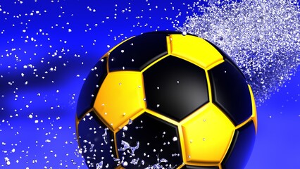Fototapeta premium Black-Yellow Soccer Ball with Diamond Water Particles under Black-Blue Sky Lighting Background. 3D illustration. 3D high quality rendering. 3D CG.