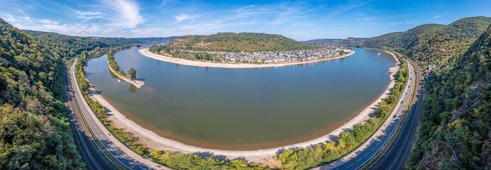 Daytime view of the German town of Stay on the Rhine river during the record low water level