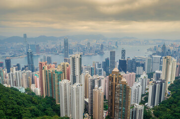 Fototapeta na wymiar Skyscrapers, Victoria Peak, Hong Kong City Skyline at Sunset