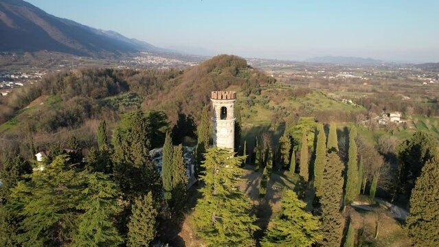 Mountains around Bassano del Grappa in northern Italy&rsquo;s Veneto region, Italy,Europe aerial scenic panorama view	
