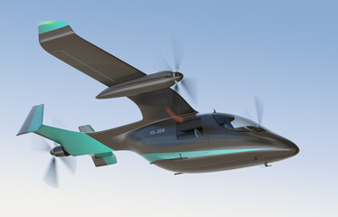 Electric VTOL passenger aircraft  flying in the sky. 3D rendering image.