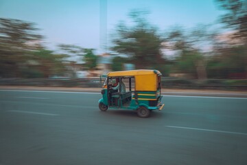 View of a car rickshaw driving down the street