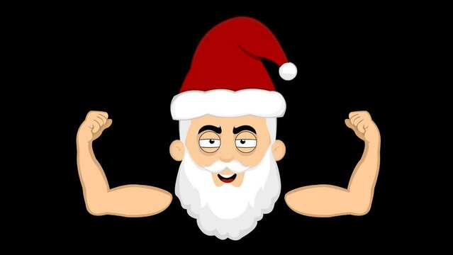 Loop animation of the face of a cartoon santa claus showing the biceps of his arms, on a transparent background