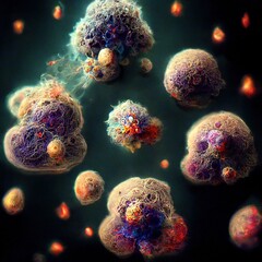 Cancer cells dividing malignant tumor cancerous cell spread in a human body caused by carcinogens or genetics, immunotherapy, hemotherapy or radiation therapy - obrazy, fototapety, plakaty