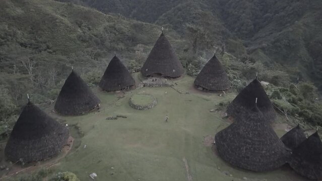 Drone view of Wae Rebo Village with its famous houses in Indonesia