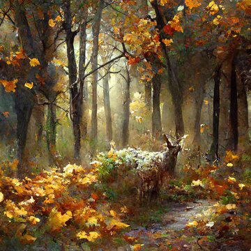 Digital image of deer in the woods, illustration