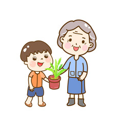 cute boy farmer and vegetables basket