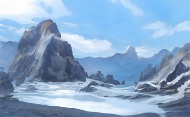Beautiful artistic illustration of mountains covered in snow during daytime under a blue sky - Powered by Adobe